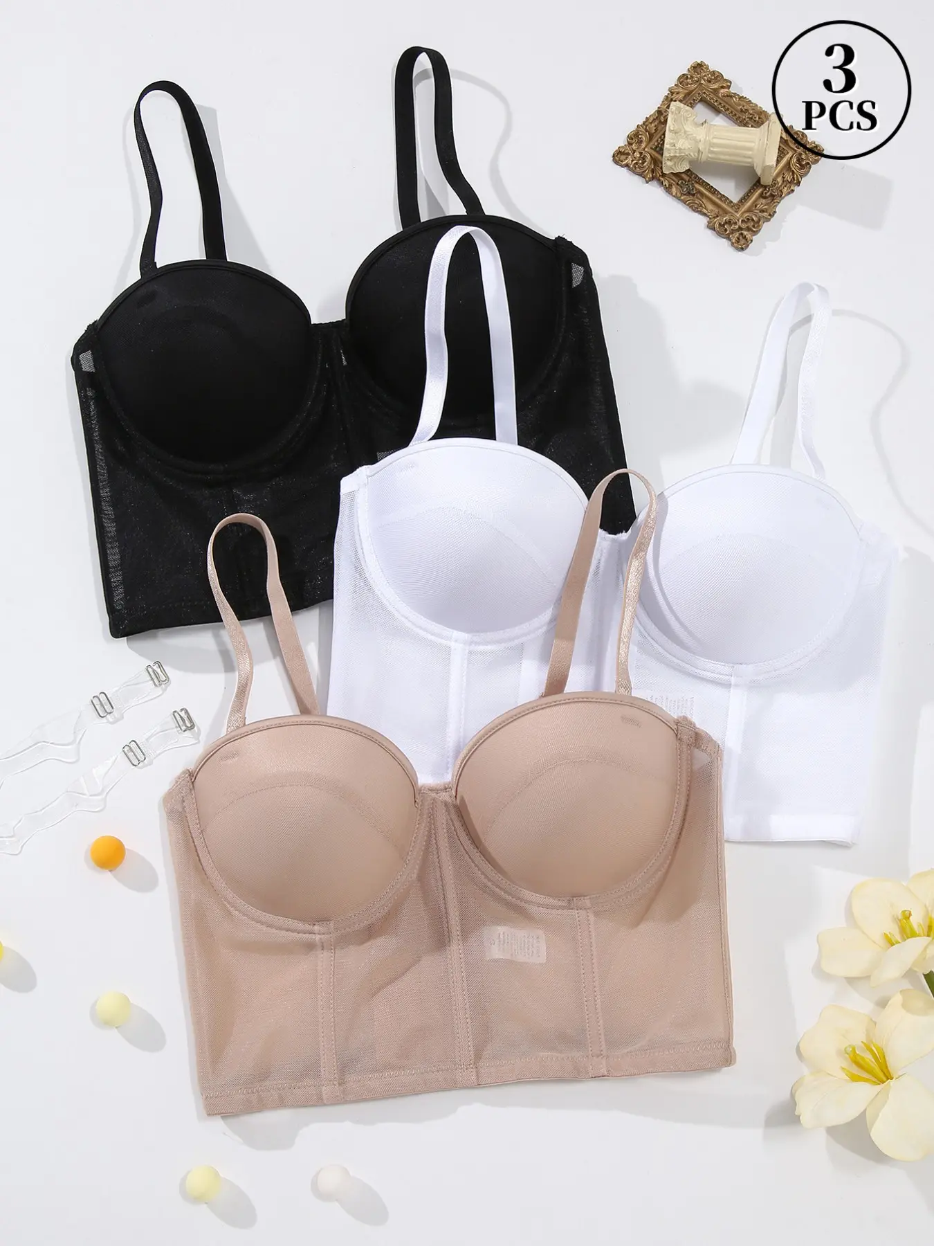 3-Pack Women's Simple Slim-Fit Shaping Intimates Bras, Wide Design Wearable as Outerwear, Gently Defines Waist & Abdomen Lines, Underwire Push Up, Adjustable Straps with Spare Straps, Elegant & Versatile for Daily & Multi-Occasion Wear