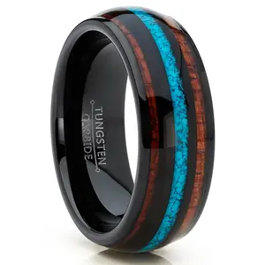 Men's Black Tungsten Wedding Band Engagement Ring Koa Wood Crushed Turquoise Inlay