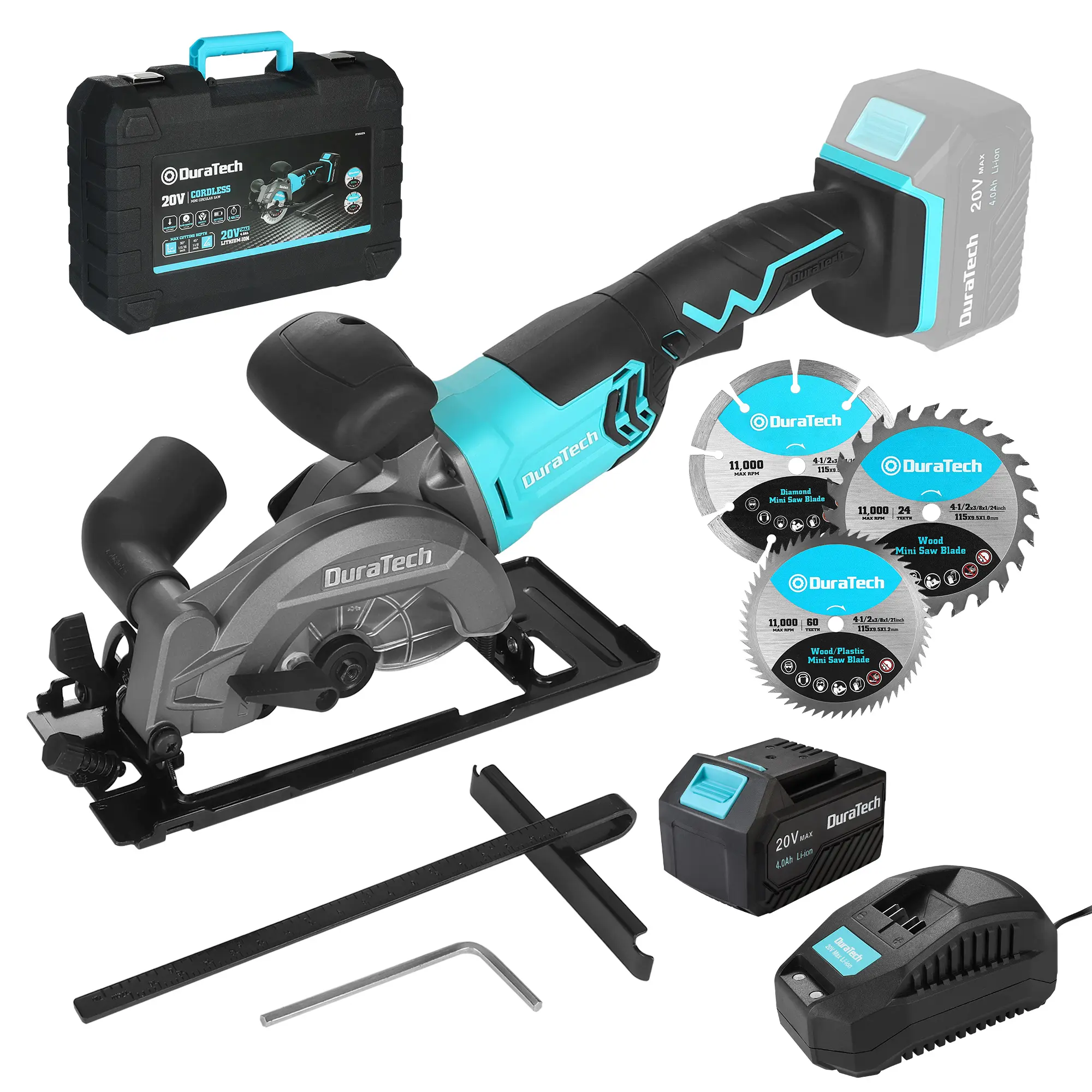 #summersale DURATECH Mini Circular Saw, 20V 4-1/2" Cordless Circular Saw with 4.0Ah Battery, Fast Charger, 3 Saw Blades, 3600RPM, Max Cutting Depth 1-11/16"(90°),1-1/8"(45°), for Tiles, Wood, Soft Metal, Plastic