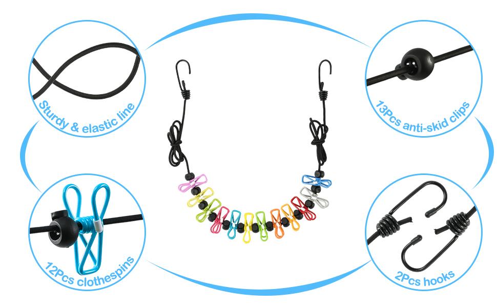 Retractable Portable Clothesline for Travel, Clothing line with 12 Clothes Clips, for Indoor Laundry Drying line, Outdoor Camping Accessories