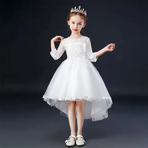 Girls' Fitted Princess Birthday Dress - Kids' Formal Evening Wear, 100% Polyester 1-Piece, Crew Neck, Contrast Lace Embroidery, Plain Airy Drape Tulle Skirt, for 4-5y,5-6y,7-8y+