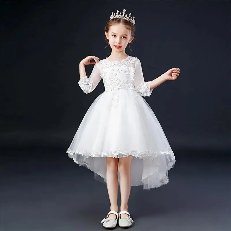 Girls' Fitted Princess Birthday Dress - Kids' Formal Evening Wear, 100% Polyester 1-Piece, Crew Neck, Contrast Lace Embroidery, Plain Airy Drape Tulle Skirt, for 4-5y,5-6y,7-8y+