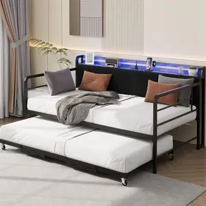 Black Daybed with Trundle Bed, Twin Bed Frame with Corduroy Upholstered Storage Headboard & Charging Station and LED Light, Heavy Duty Metal Day Bed Pop Up Trundle Bed for Living Room,Bedroom