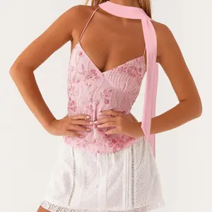 Sparkling beaded embroidered women’s V-neck casual sleeveless summer top, styled with a suffocating scarf GARMENTARY