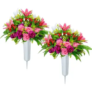 Set of 2 Artificial Rose Lily Bouquet with Vase, Graveyard Memorial Decoration for Cemetery Headstones