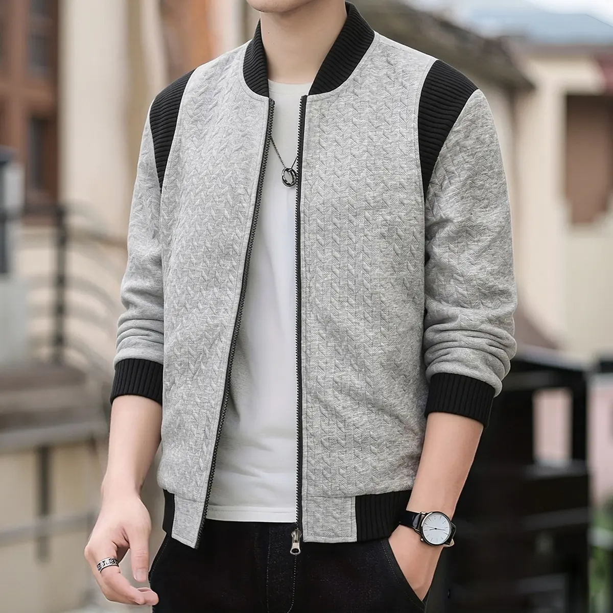 Men's Casual Jacquard Bomber Tops, Lightweight Fitted Zip-Up Outerwear with a Contrast Baseball Collar, Menswear, Long Sleeve