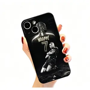 Liquid crystal phone case featuring soccer star Kylian Mbappé design, compatible with iPhone 17, 16, 15, 14, 13, and 12. Black, shockproof liquid crystal protective case.