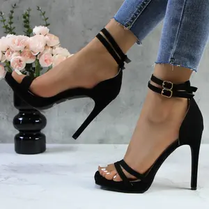 Women's Strappy Open Toe Stiletto Heel Sandals with Metallic Buckle Ankle Straps Comfortable Black Synthetic PU Sandals for Weddings, Parties & Office Events