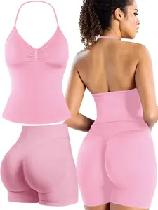 Women's Solid Cami Top & High Waist Skinny Shorts Sportswear Set, Breathable Comfortable Seamless Sports Set for Yoga Gym Workout Running, Ladies Summer Sportswear, Workout Running Outfits, Sporty Style Outfits