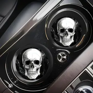 2pcs Car Coasters, Car Cup Holders, Black and White Skull Head Print Pattern, Car Interior Accessories, Car and Home Office Desk Water Cup Mats