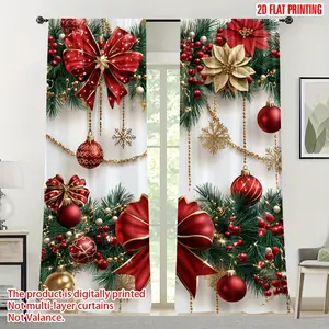 2D Flat, 2pcs Christmas Ornaments Decor Art Elegant Print Curtains - Rod Pocket Installation, Semi-Transparent Polyester, Machine Washable, Perfect for Cozy Bedroom, Kitchen, Study Room, Dining Room, Living Room Home Decoration, Christmas Decorations