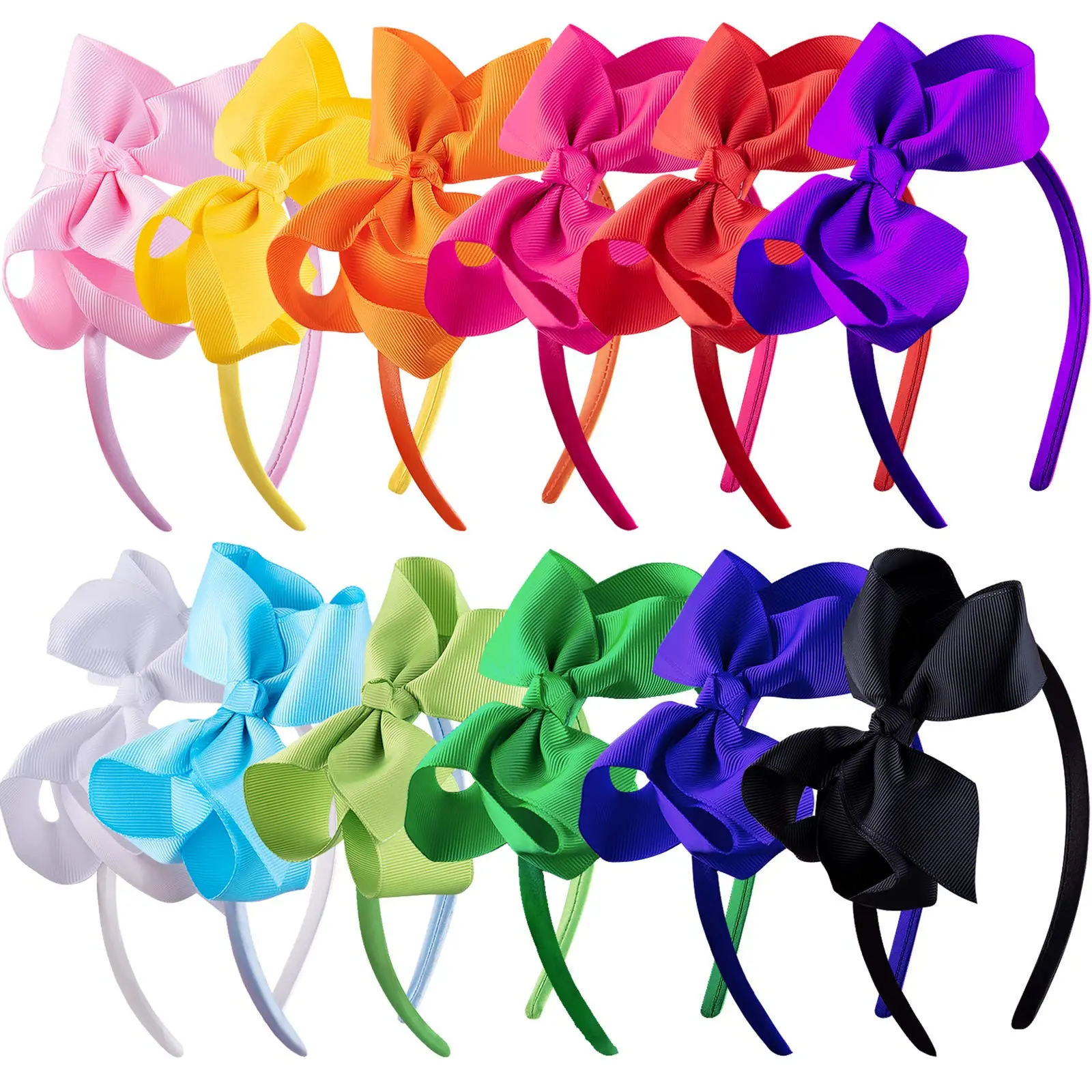 Girls' 12-Piece Grosgrain Ribbon Bow Headbands Set, Back to School Hair Accessories, Rose Red Boutique Headbands