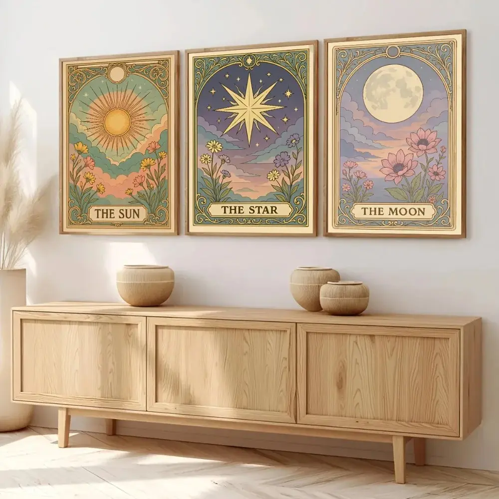 3pc Sun,Moon and Stars Tarot Card Canvas Printing,Retro Bohemian Celestial Space Theme Design Decorative Wall Art,Mysterious Living Room Decoration,Dopamine Decor