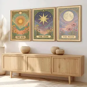 3pc Sun,Moon and Stars Tarot Card Canvas Printing,Retro Bohemian Celestial Space Theme Design Wall Art,Mysterious Living Room Decoration,Dopamine Decor