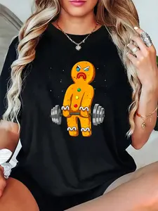 100% Cotton Unisex Gingerbread Man Weightlifting Christmas Fitness Gym Deadlift T-Shirt，Autumn Women's T-shirt Christmas Happy Letter Snowflake Fun Pattern