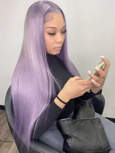 Lavender Purple 13×4 Lace Front Synthetic Wig, Light Purple Heat Resistant Fiber Lace Front Wig, Pre Plucked Natural Hairline Fashion Wig For Women, 28 Inch