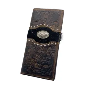 Western Genuine Leather Wallet For Men Cowboy Horse Head Concho Studded Horse Hair Cowhide Leather Checkbook Wallet With Multi Card Slots, Gift For Boyfriend