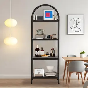 Garvee 4-Tier Bookshelf with Arched Display Racks, Tall Modern Bookcase with Open Storage Display & Metal Frame, Large Wood Storage Shelf for Books & CDs, Bedroom, Living Room, Home Office - Black