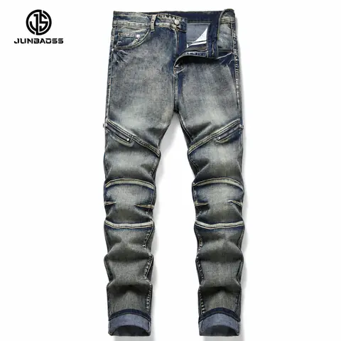 JUNBAOSS Men's Biker Zipper Deco Jeans, Mens Slim Fit Stretch Jeans Ripped Skinny Jeans for Men, Casual Fashion Straight Leg Comfort Flex Waist Cargo Denim Pants, Menswear Trouser Streetwear Jean with Plain Pockets