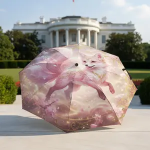 Pink Energetic Fox Umbrella, portable and foldable design, 8 ribs, a casual accessory for Halloween, Christmas, and birthday gifts. Y260116032