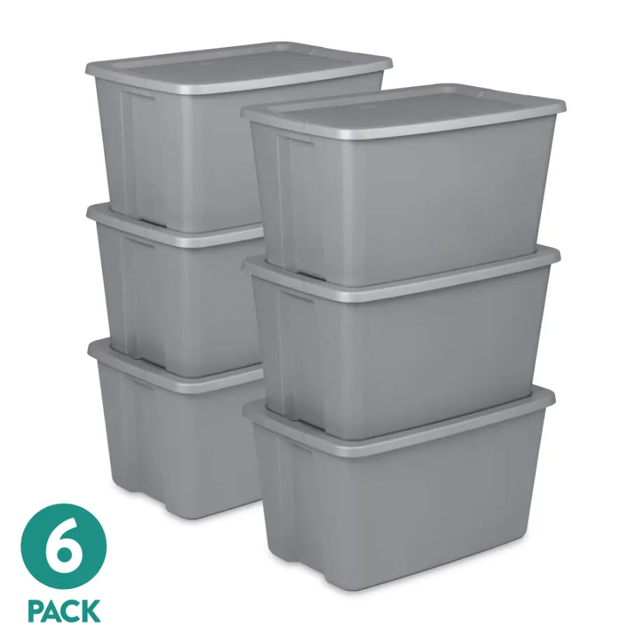Sterilite Extra Large Storage Bin, 30 Gallon Durable Plastic Storage Tote with Snap-On Lid, Gray, 6 Pack