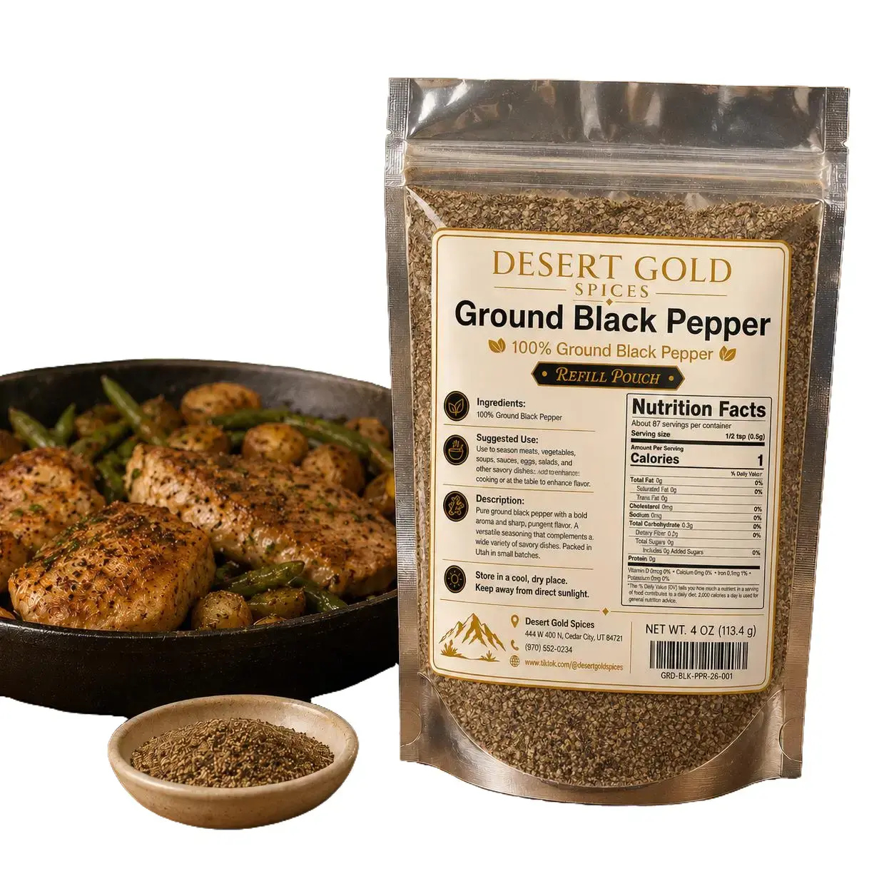 Premium Ground Black Pepper - 4 oz (113.4 g) Stand-Up Refill Pouch | Pure Fine Ground Pepper | Fresh Small-Batch Packed | Bold Flavor Seasoning