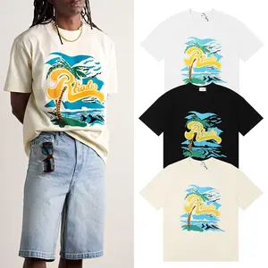 American Fashion Brand Rhude Coconut Fresh Printed High Quality Double Yarn Cotton Casual Short Sleeve T-shirt for Men and Women