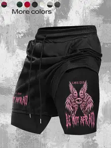 Y2K Streetwear 2-in-1 Shorts for Men Black Drawstring Waist Pink Horror Angel Print Athletic Shorts with Compression Base for Gym Training Casual Daily Wear Compression Sports Shorts