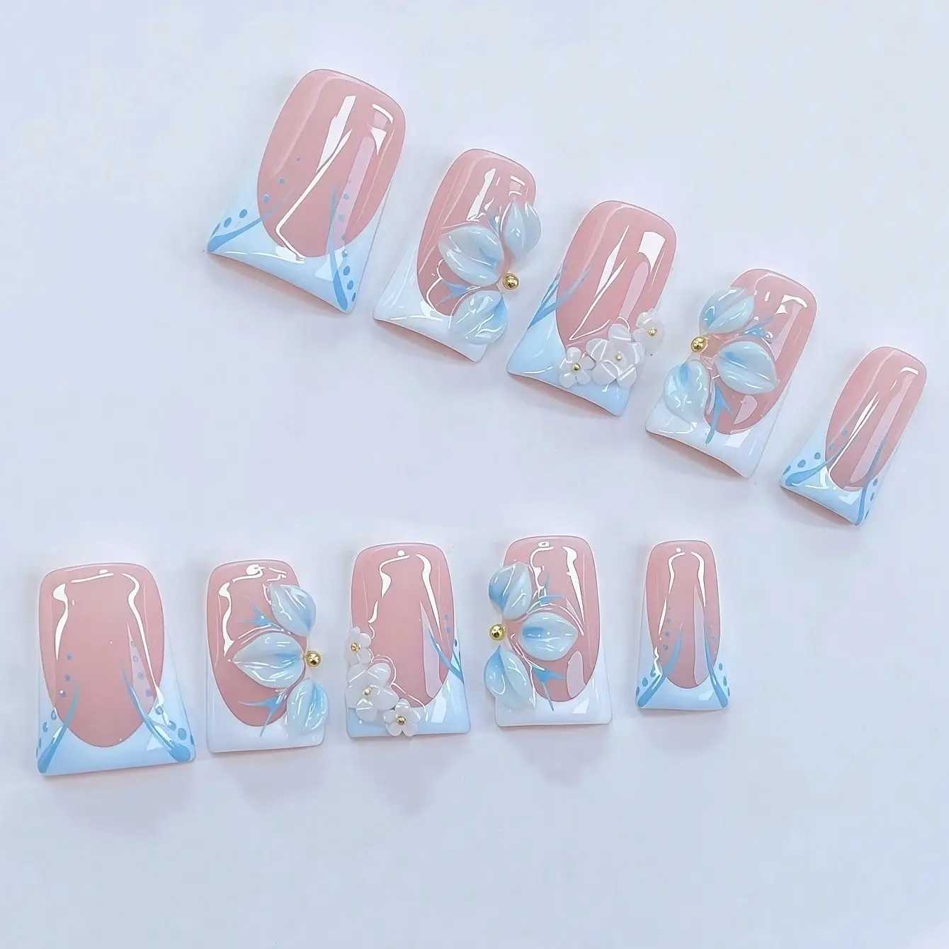 10Pcs Y2K Nails Chic Duckbill Press On Nails Set - Handcrafted, Blue Nails, White And Blue, Handmade 3D Flowers Blue Flower with White Little Flowers Element Design, Sparkling Golden Little Steel Ball Accents Handmade Press On Nails. Fake Nails