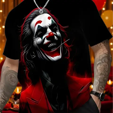 Men's New Summer Novelty Creative Short Sleeve Streetwear T-Shirt, Stylish Clown Graphic Print Round Neck Top, Comfortable Casual Sportswear, Casual Tee Lightweight, Menswear