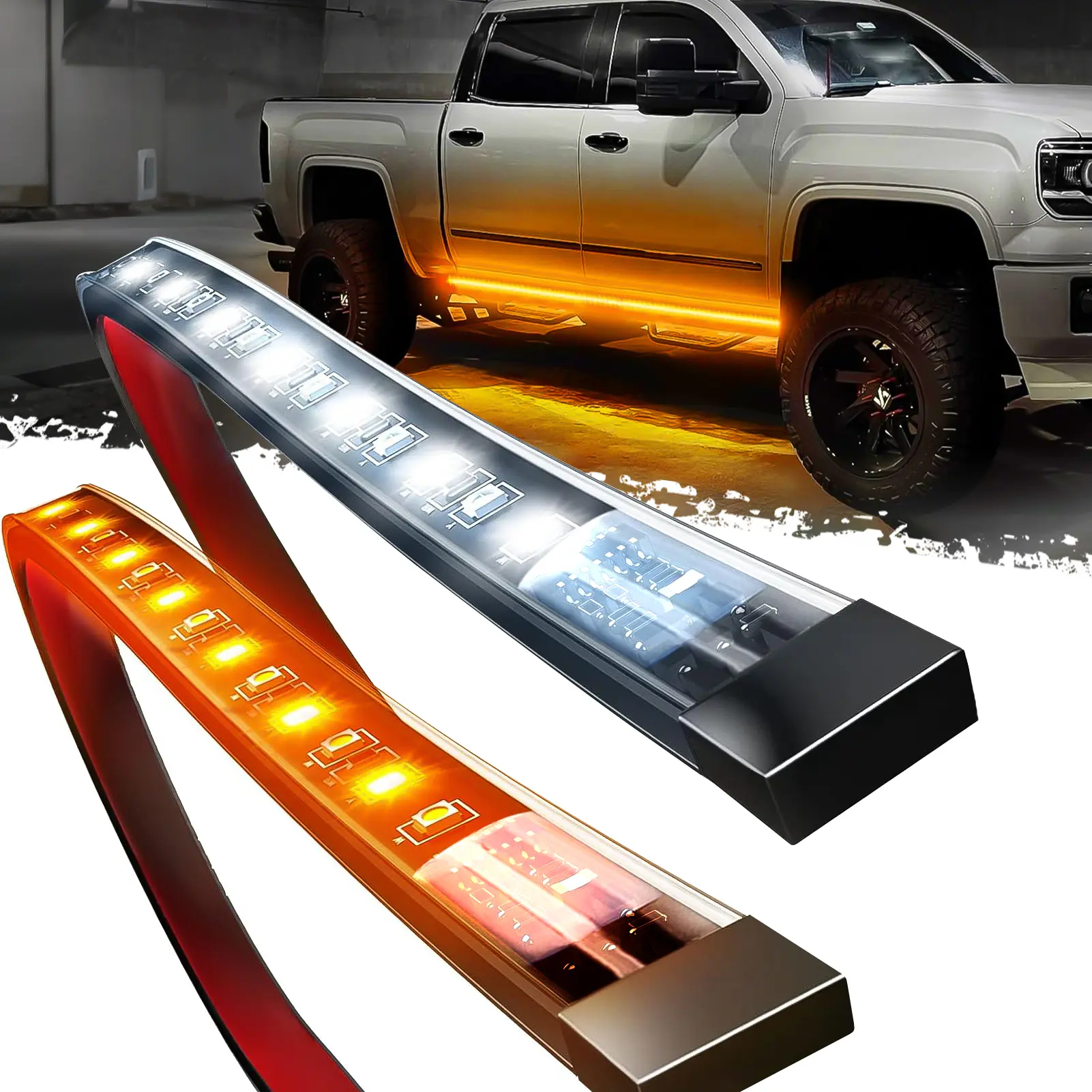 DIBMS 2-Pack 70in 144 LED Sequential Amber & White Running Board Strips, Waterproof for Trucks DRL, Universal Pickup Pedal, Double-Strip Side Wing Bar, Streamlight Effect, Boosts Safety & Visibility