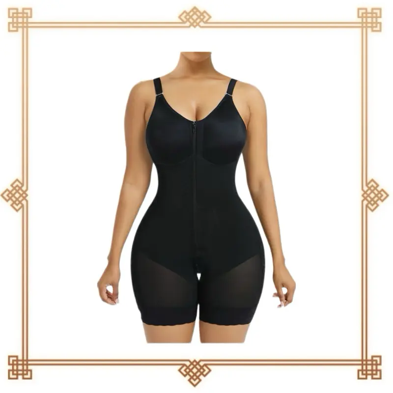 Super Faja Black Full Body Shaper with Zipper Closure and Lace Trim for Enhanced Support and Comfort