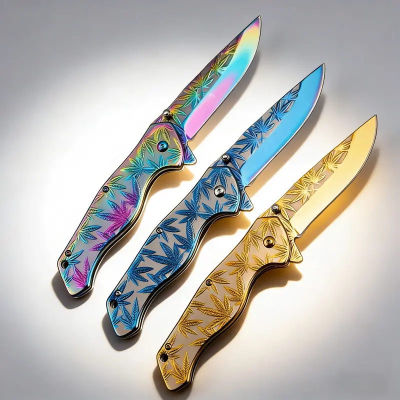 Men's Folding Knife with 3D Embossed Leaf Pattern, Cool Rainbow Outdoor Camping Knife, Unique Cool Gifts for Guys & Gifts for Women for Camping Survival
