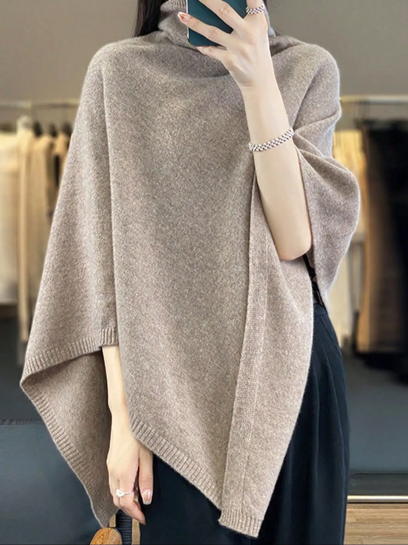 Women's 100% Merino Wool Shawl Collar Wrap, Fashionable Loose Knit Scarf, Versatile Asymmetrical Poncho Cape Outerwear, Trendy Solid Shawl, Knitted Scarf