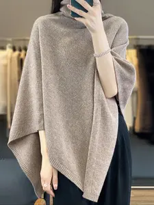 Women's 100% Merino Wool Shawl Collar Wrap, Fashionable Loose Knit Scarf, Versatile Asymmetrical Poncho Cape Outerwear, Trendy Solid Shawl, Knitted Scarf