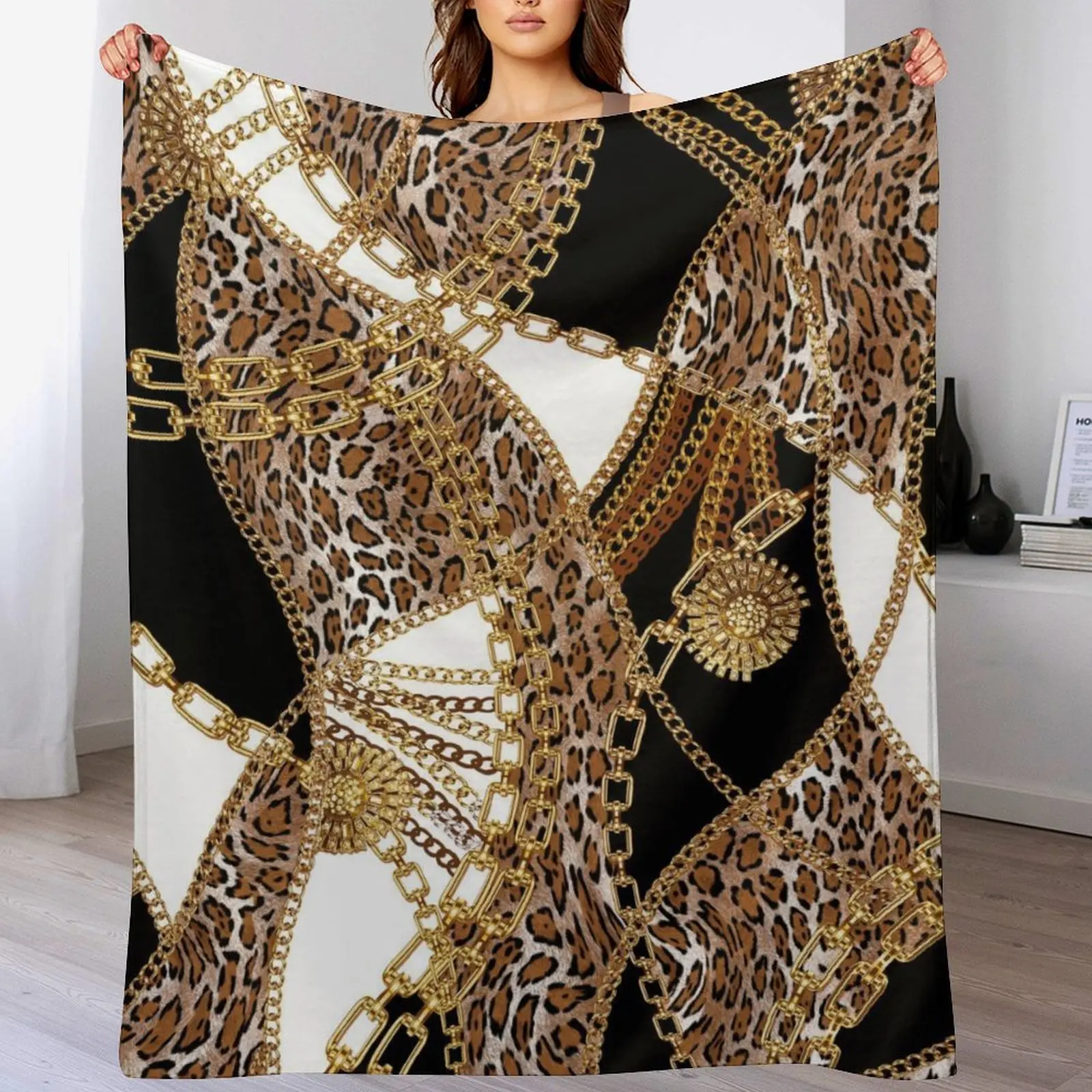 Luxury Leopard & Chains Gold Chain Fleece Throw Blanket - Soft, Cozy, Glamorous for Couch, Bed, Warmth & Softness, Chic Modern Home Decor Gift for Her