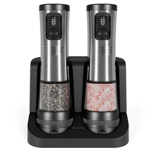 Rechargeable Electric Salt and Pepper Grinder Set with Charging Base, 5 Adjustable Coarseness, LED Light, Battery Indicator, Dust Cover, Automatic Ceramic Mill for Kitchen, 2 Pack