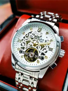 Men's Mechanical Watch, Hollow-Out Design, Stainless Steel Strap, Analog Display, Automatic Wind-Up, Fashion Accessory Gift, Mechanical Style Watches