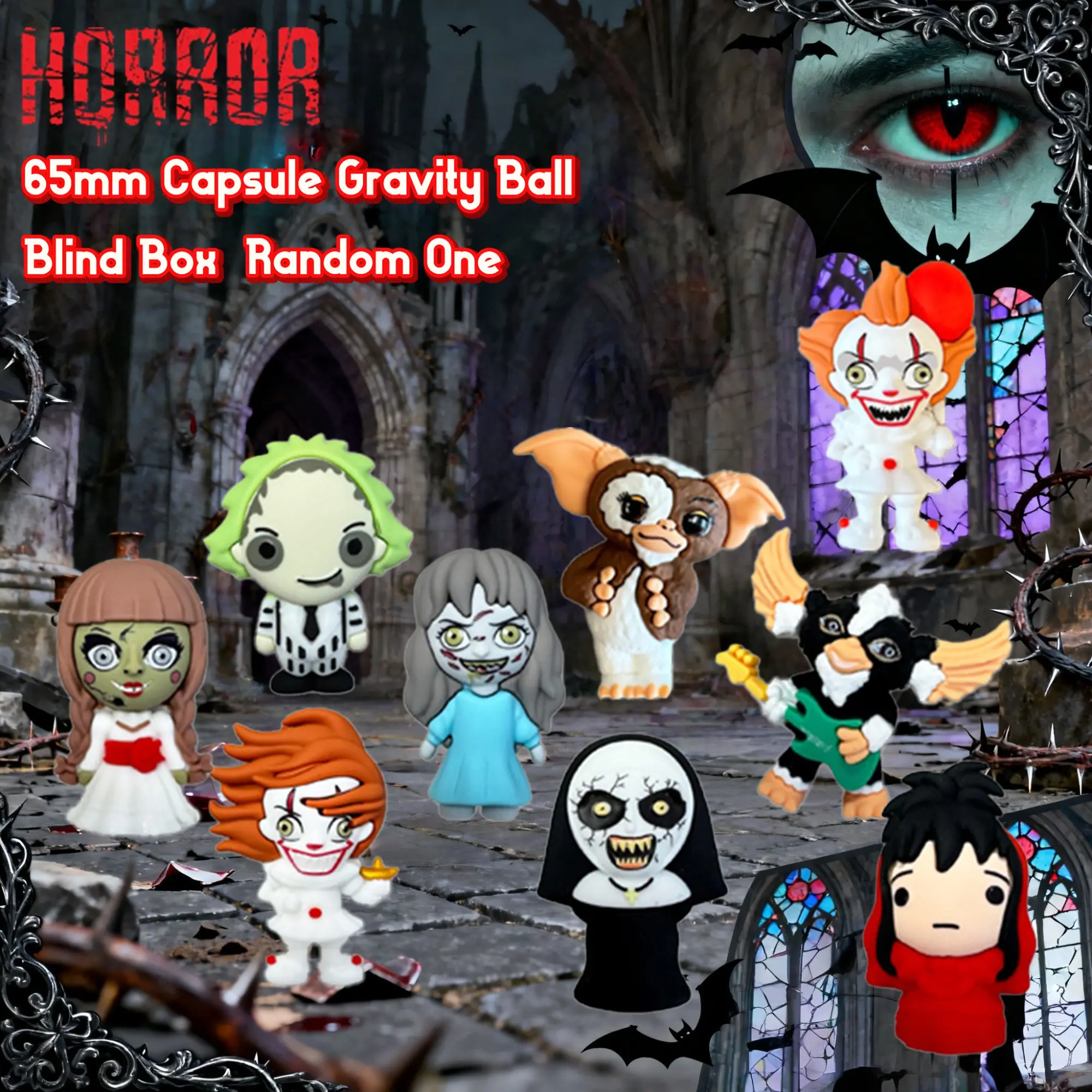 Wb Officially Licensed Horror Gravity Capsule Blind Box Set, 65mm Pennywise Beetlejuice It Monsters, Spooky Home Party Decor