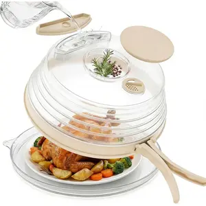 Microwave Splatter Cover with Base Plate and Water Steamer,Collapsible Microwave Cover for  with Handle and Seasoning , Clear Plate Covers, Safe,,House Gifts (Creamy White)