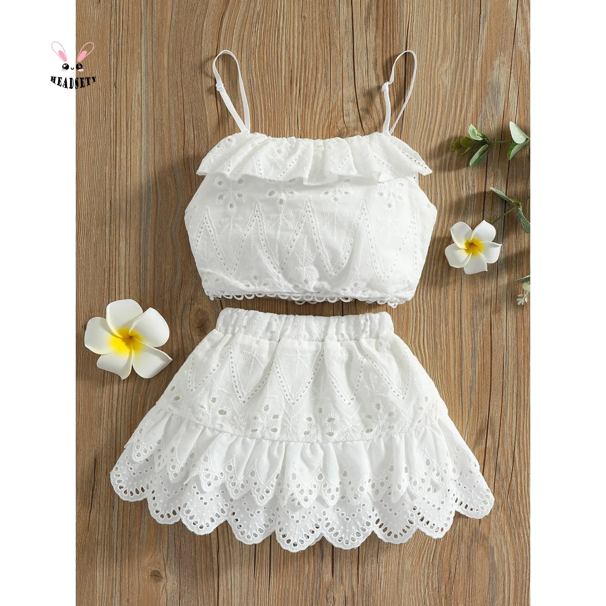 Kid Baby Girl´s Summer Clothes Set, Sleeveless Lace Ruffled Camisole + High Waist Skirt Sweet Clothing