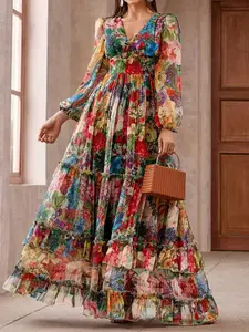 Fashion Chic Romantic Women's Floral Print V-Neck Lantern Sleeve High Waist Slim Fit Long Tiered Maxi Dress Formal, Elegant Chiffon Party Gown Womenswear Elegance