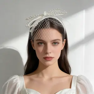 AWAYTR Pearl Bow Bride's Headband with Birdcage Veil - Vintage Mesh Hair Accessory for Beach, Engagement, Valentine's Day, Anniversary Ceremony & Bridal Shower