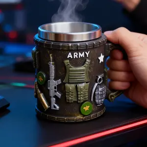 Armored Tank Mug, Stainless Steel Travel Cup, Military Equipment Design, Durable Reusable, Vivid Patterns, Hand Wash Only, Perfect Gift, Drinkware