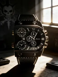 Vintage Motorcycle Style Tough Men's Watch, Analog Watch, Quartz Watch, Large Square Case with Rough Rivets Design, Multiple Dials Timer Function, Fashion Accessory, Durable Watch, Casual Trendy Wristwatch