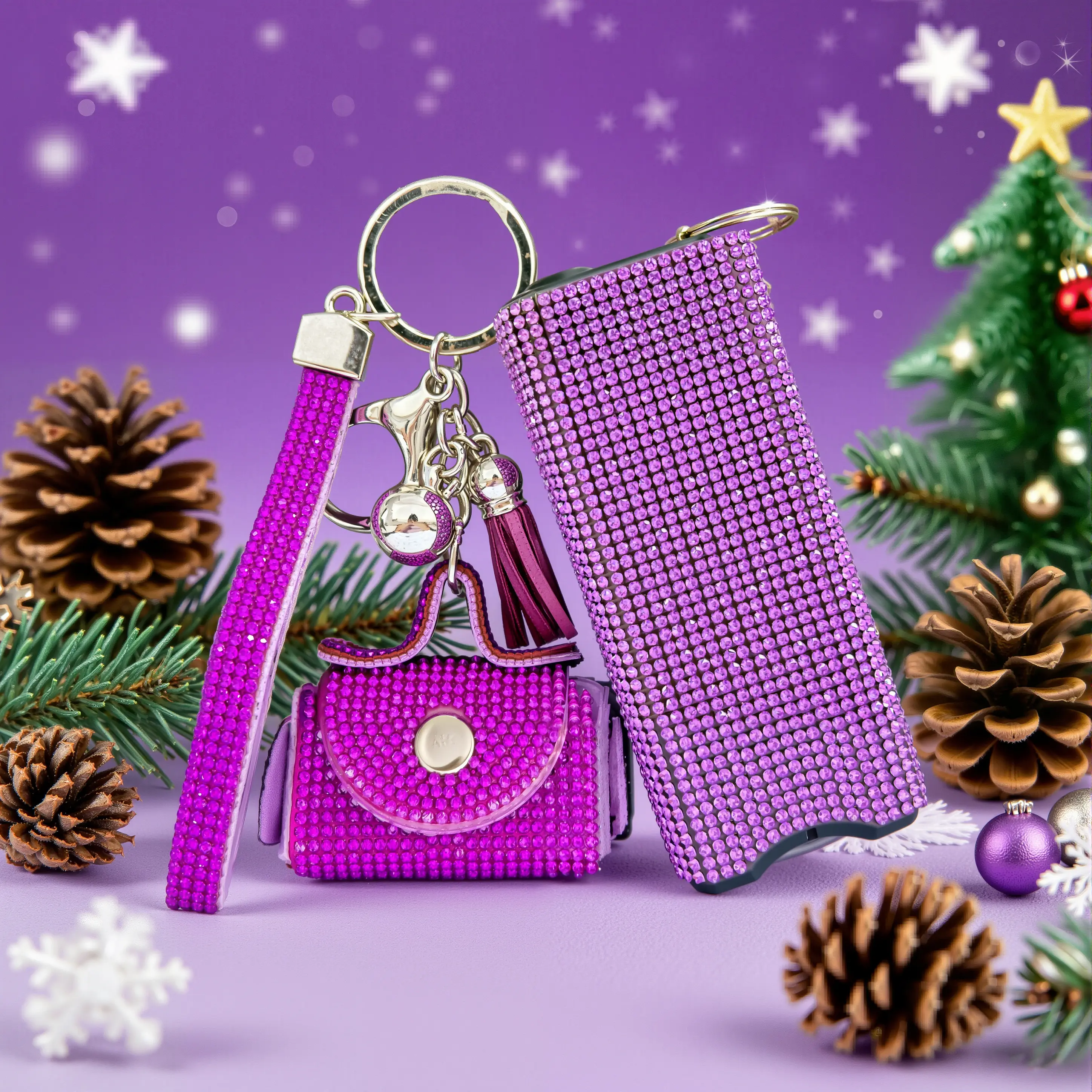 Sparkly Bling Keychain Set for Women – Cute Rhinestone Key Holder with Wrist Strap, Mini Pouch & Flashlight