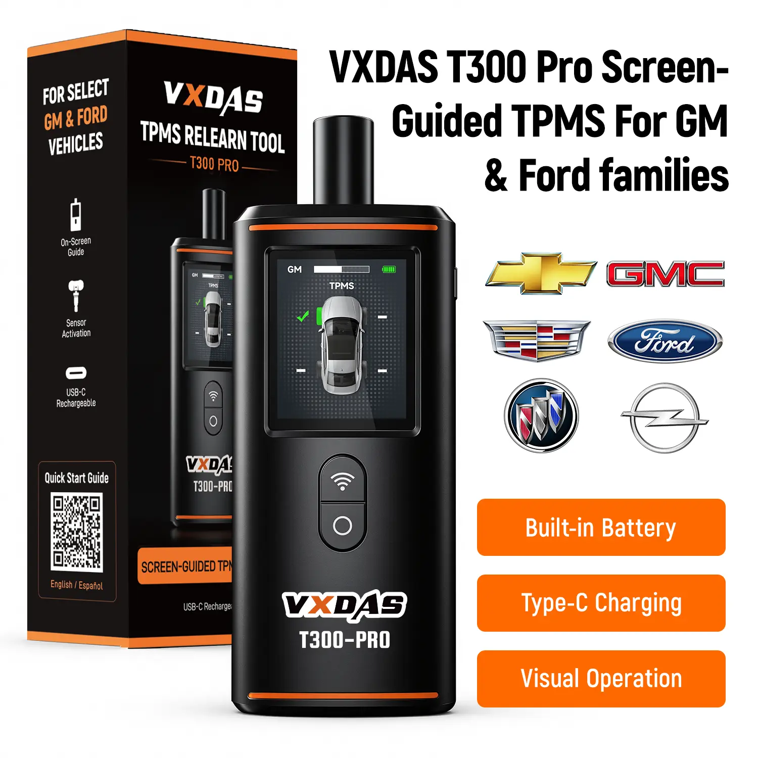 [For GM & Ford] VXDAS T300 Pro Screen-Guided TPMS Relearn Tool for GM & Ford Vehicles, Tire Pressure Sensor Activation Reset Tool for Chevy GMC Buick Cadillac Ford Lincoln Mercury, 315MHz / 433MHz TPMS Relearn Tool