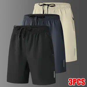 Mensfashion Men's 3-Pack Ice Silk Casual Sports Shorts, High-Elasticity with Drawstring, Zipper Pockets, Soft Comfortable Machine-Washable for Running, Gym, Ideal Gift for Him