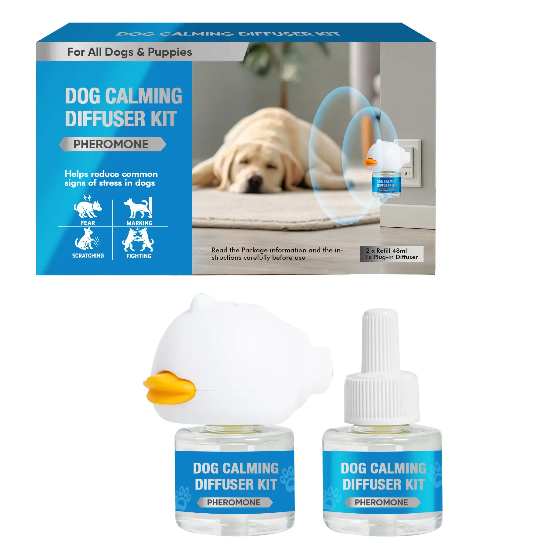 Dog Calming Pheromone Diffuser Kit - Anti-Anxiety Plug-in for Dogs & Puppies, Stops Stress, Excessive Barking, Chewing, Scratching, Marking, Ideal Friend for Pet Moms, Room Wall-Mounted Gift for Pet Care