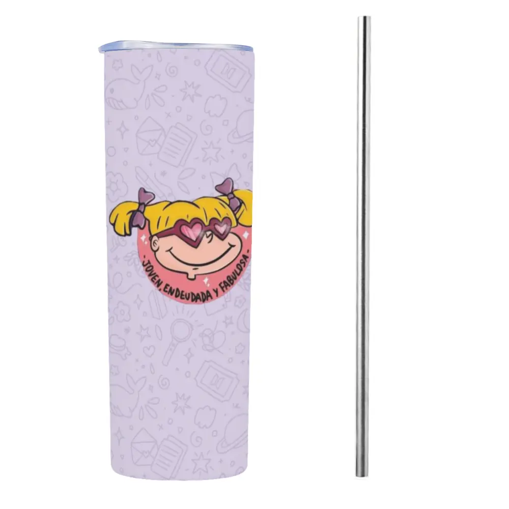 Rugrats Angelica Pickles Pink Skinny Tumbler, 20oz Stainless Steel Insulated Travel Cup with Straw Portable Reusable Vacuum Insulated Tumbler with Carry Handle,Ideal for Camping & Hiking, Hydration Tumbler